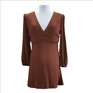 ARITZIA SUNDAY BEST Grayson Brown v-neck puff sleeve fit and flare short dress